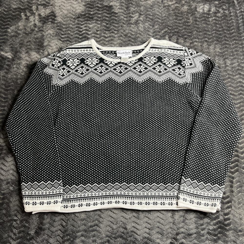 NorthStyle Women’s Fair Isle Nordic Sweater Black White Cotton Snowflake Size L